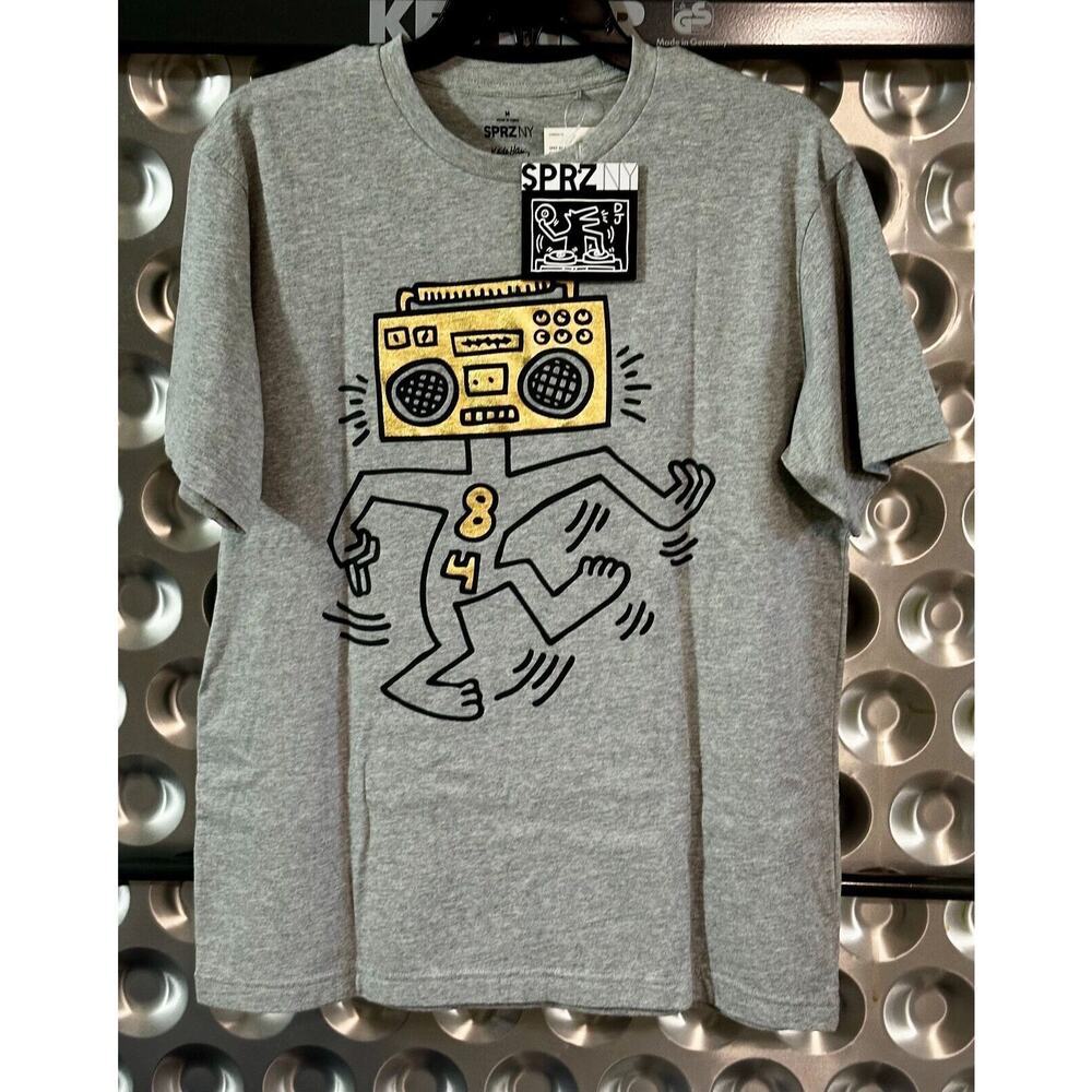 Uniqlo SPRZ NY Keith Haring Boombox Gold Graphic Tee Gray Men's Medium New